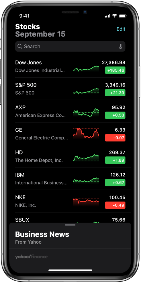Stebėjimo sąraše pateikiamas skirtingų akcijų sąrašas. Kiekviena akcija sąraše (iš kairės į dešinę) rodo akcijų simbolį ir pavadinimą, našumo lentelę, akcijų kainą ir kainų pasikeitimą. Viršuje ekrano, virš stebėjimo sąrašo, yra paieškos laukas. Po stebėjimo sąrašu yra „Business News“. Braukite aukštyn ties „Business News“, kad galėtumėte peržiūrėti parduotuves.