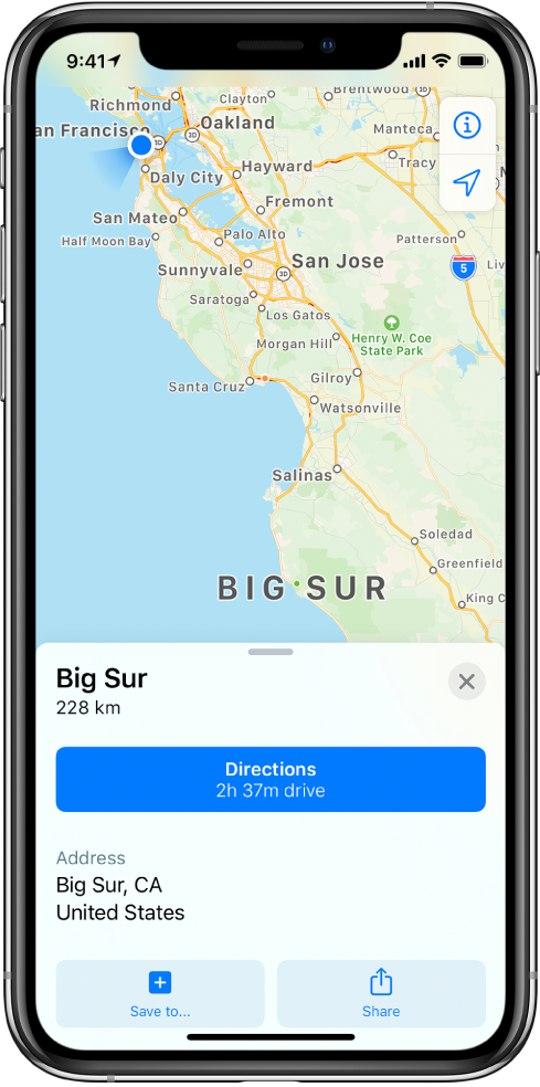 Žemėlapis ir informacijos kortelė „Big Sur“. Informacijos kortelėje rodomas mygtukas „Directions“.