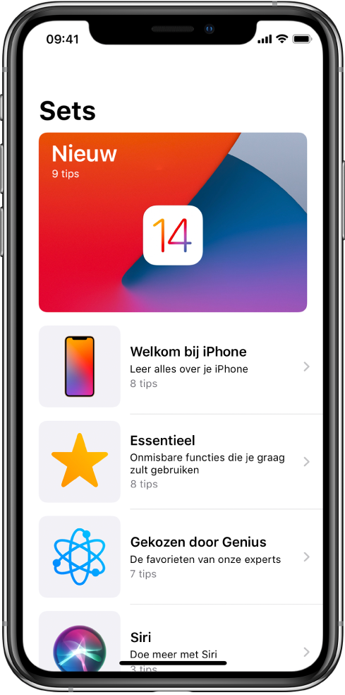 Een scherm met verzamelingen Tips met pijltjes naar rechts om aan te geven dat je op een verzameling kunt tikken om de tips daarin te bekijken.
