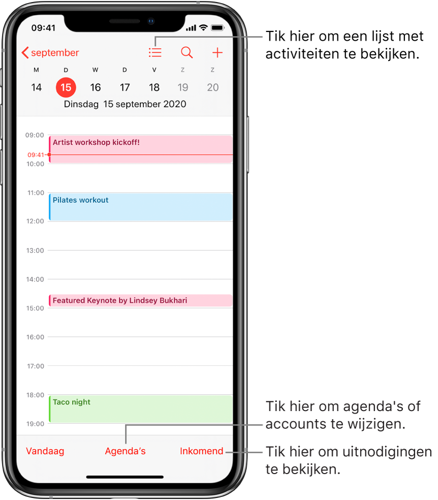 Een agenda in de dagweergave met de activiteiten van een dag. Tik op de 'Agenda's'-knop onder in het scherm om te schakelen tussen agenda-accounts. Tik op de knop 'Inkomend' rechtsonderin om uitnodigingen te bekijken.