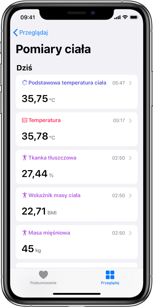 Ekran przedstawiający szczegóły dotyczące kategorii Pomiary ciała.