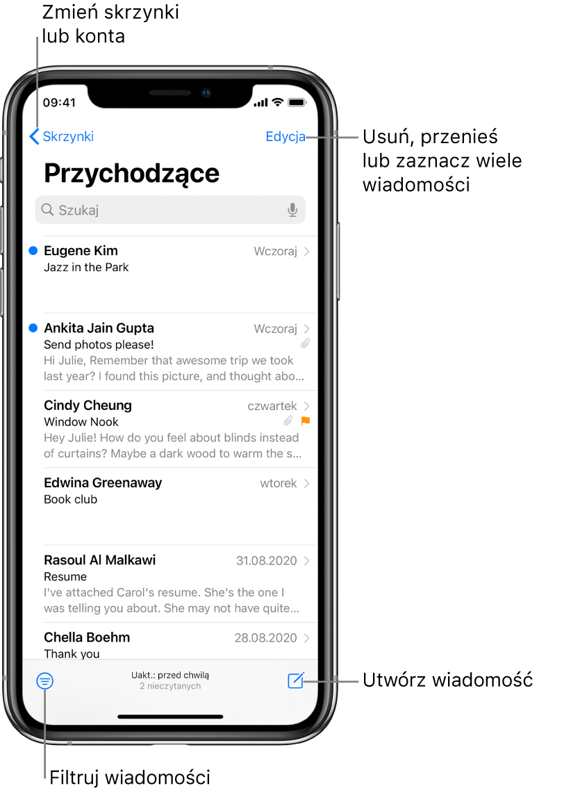 Skrzynka Przychodzące z listą wiadomości email. W lewym górnym rogu znajduje się przycisk Skrzynki, który pozwala przechodzić między skrzynkami pocztowymi. W prawym górnym rogu znajduje się przycisk Edycja, który pozwala usuwać, przenosić i oznaczać wiadomości email. W lewym dolnym rogu znajduje się przycisk filtrów, który pozwala wyświetlać tylko określone wiadomości email. W prawym dolnym rogu znajduje się przycisk tworzenia nowej wiadomości email.