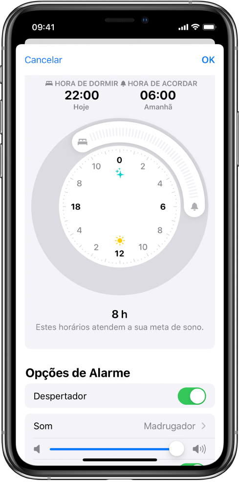 Tela mostrando a hora de dormir configurada para as 10 da noite hoje e a hora de acordar para as 6 da manhã amanhã. O despertador está ativado e o som do alarme é Madrugador.
