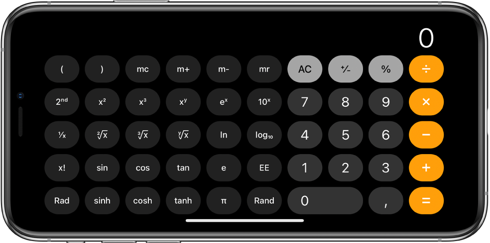 iPhone повернут горизонтально. На его экране показан научный калькулятор с экспоненциальными, логарифмическими и тригонометрическими функциями.
