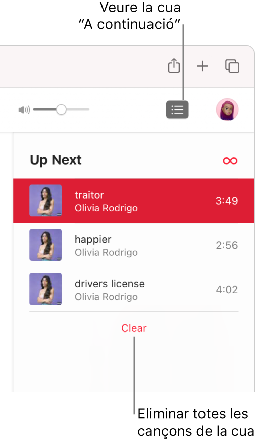 Se selecciona el botó “A continuació” a l’angle superior dret de l’Apple Music i es veu la cua. Fes clic a l’enllaç Esborrar de la part inferior de la llista per eliminar totes les cançons de la cua.