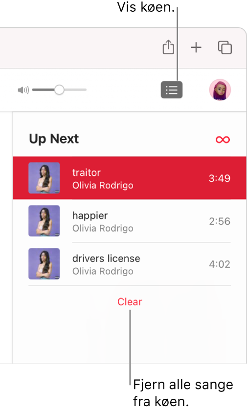 Knappen Kø øverst til højre i Apple Music er valgt, og køen kan ses. Klik på linket Ryd nederst på listen for at fjerne alle sange fra køen.
