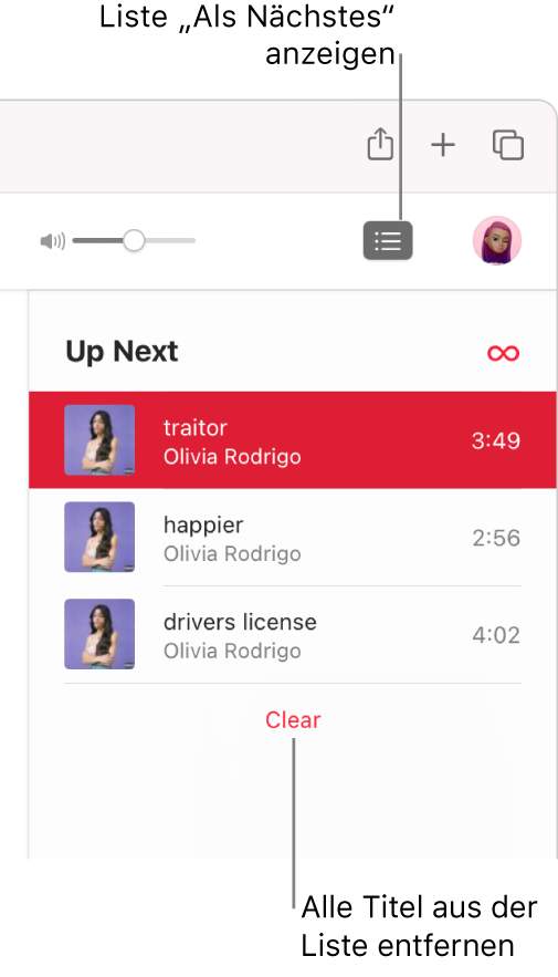 Die Taste „Als Nächstes“ oben rechts in Apple Music ist ausgewählt und die Warteliste „Als Nächstes“ ist sichtbar. Klicke auf den Link „Löschen“ unten in der Liste, um alle Titel aus der Liste zu entfernen.
