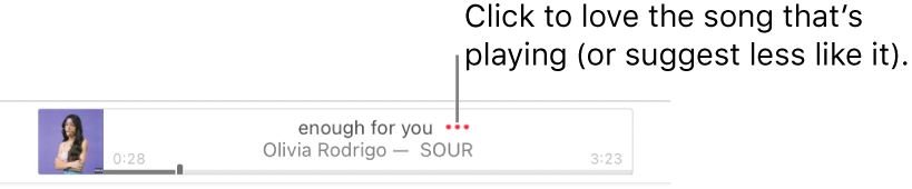 The top of Apple Music with a song playing. Click the More button next to the song title to love the song that’s playing or suggest less like it.