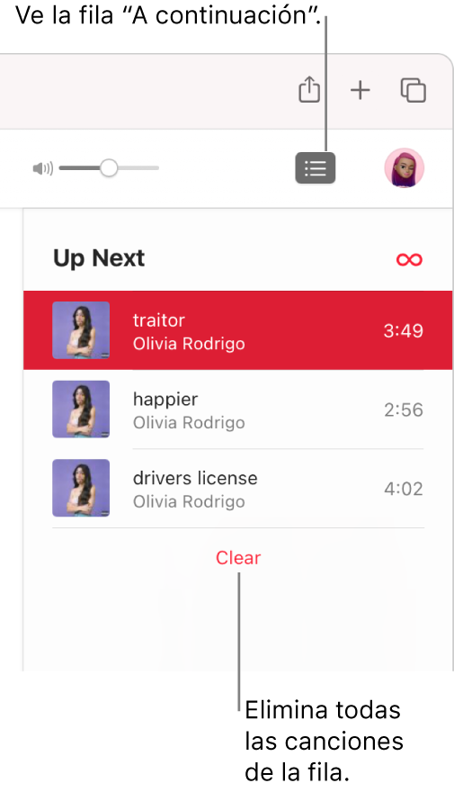 El botón “A continuación” en la esquina superior derecha de Apple Music está seleccionado y la fila “A continuación” está visible. Haz clic en el enlace Borrar en parte inferior de la lista para eliminar todas las canciones de la fila.