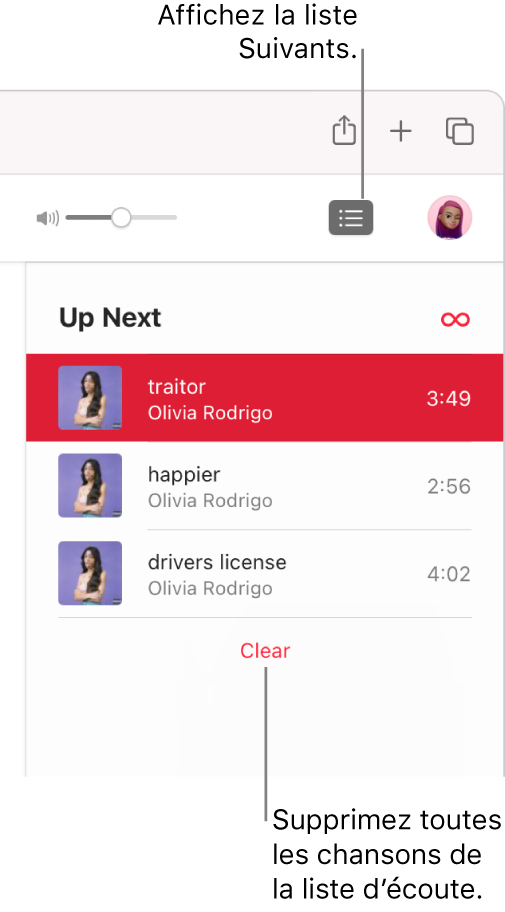 Le bouton Suivants dans le coin supérieur droite de la fenêtre d’Apple Music est sélectionné et la liste d’écoute est visible. Cliquez sur le lien Effacer au bas de la liste pour en supprimer toutes les chansons.