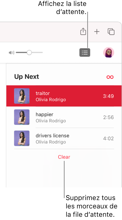Le bouton Suivant est sélectionné en haut à droite d’Apple Music et la file d’attente est visible. Cliquez sur le lien Effacer en bas de la liste pour supprimer tous les morceaux de la file d’attente.