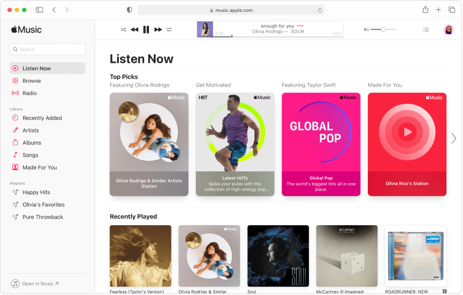 החלון של Apple Music ב-Safari מציג את “האזנה”.