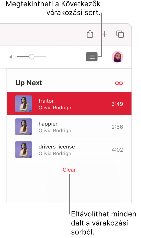 Az Apple Music jobb felső sarkában ki van jelölve a Következők gomb, és megjelenik a dalok listája. A lista alján található Törlés linkre kattintva eltávolíthatja az összes zenét a listából.