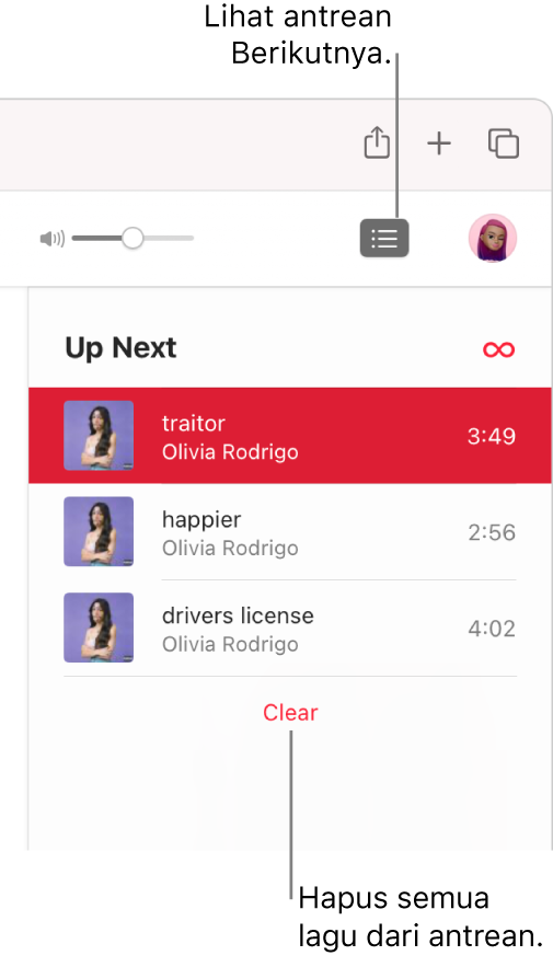 Tombol Berikutnya di pojok kanan atas Apple Music dipilih dan antrean terlihat. Klik tautan Bersihkan di bagian bawah daftar untuk menghapus semua lagu dari antrean.