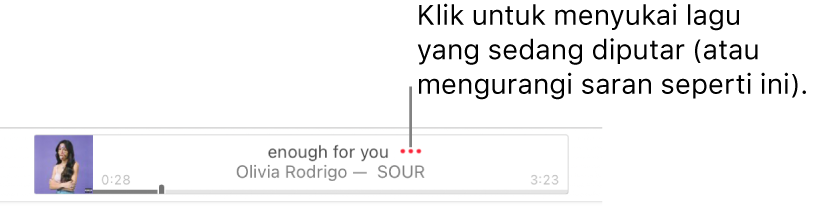 Bagian atas Apple Music dengan lagu diputar. Klik tombol Lainnya di samping judul lagu untuk menyukai lagu yang diputar atau mengurangi saran seperti ini.