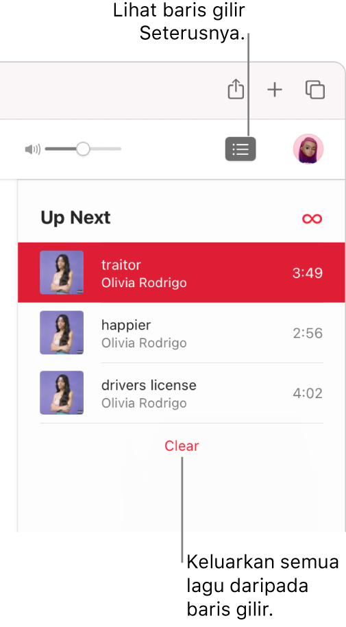 Butang Seterusnya di penjuru kanan atas Apple Music dipilih dan baris gilir kelihatan. Klik pautan Kosongkan di bahagian bawah senarai untuk mengeluarkan semua lagu daripada baris gilir.