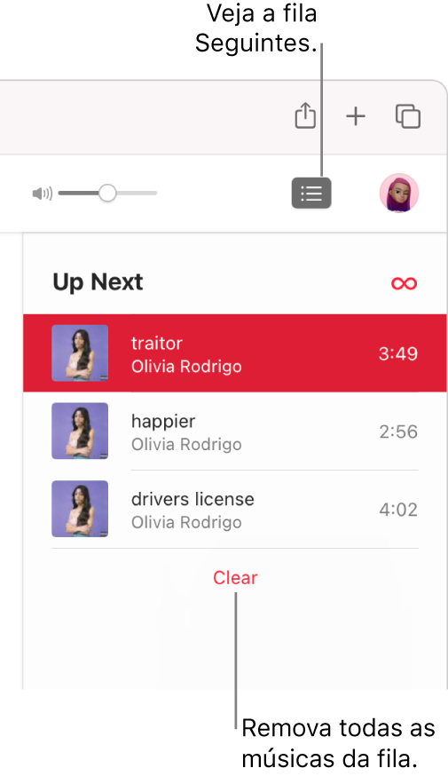 O botão Seguintes, no canto superior direito do Apple Music, está selecionado e a fila Seguintes está visível. Clique no link Limpar na parte inferior da lista para remover todas as músicas da fila.