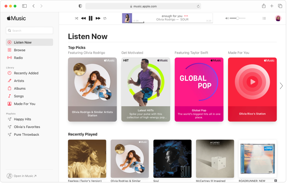 A janela da aplicação Música no Safari a mostrar “A ouvir agora”.