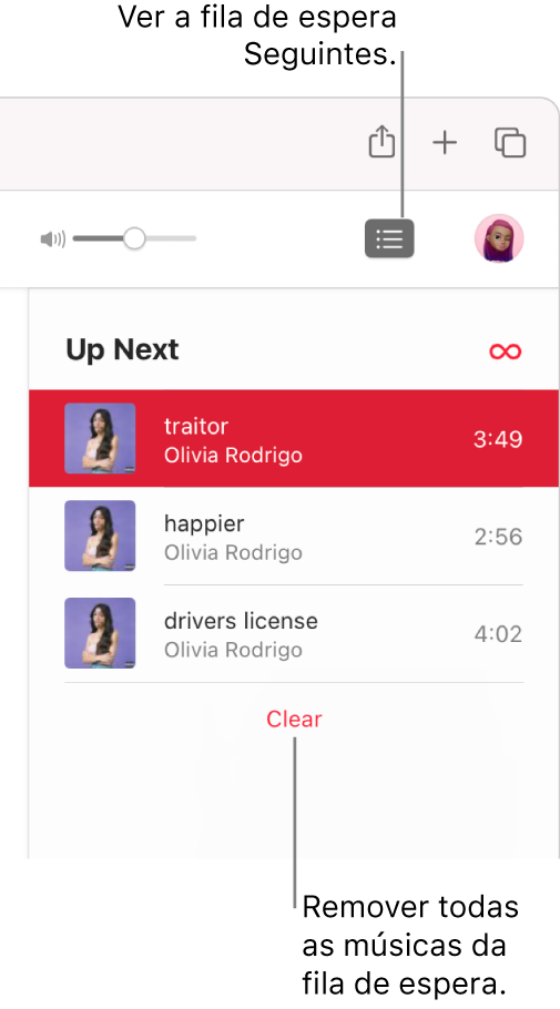 O botão Seguintes no canto superior direito da janela de Apple Music está selecionado e a fila de espera Seguintes está visível. Clique na ligação Limpar na parte inferior da lista para remover todas as músicas da fila de espera.