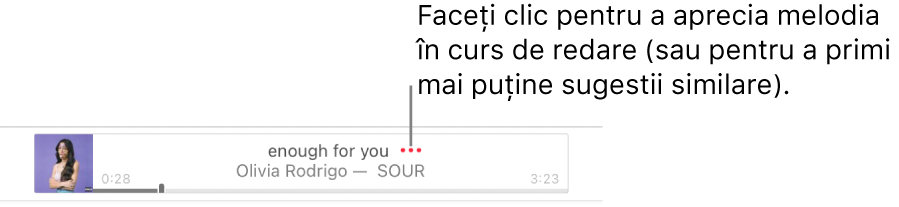 Partea de sus din Apple Music cu o melodie în redare. Faceți clic pe butonul Mai multe de lângă titlul melodiei pentru a aprecia melodia în curs de redare sau pentru a primi mai puține sugestii similare.