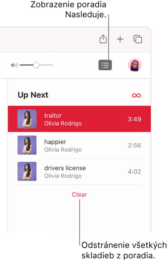 Po kliknutí na tlačidlo Nasledujúce v pravej hornej časti Apple Music sa zobrazí poradie Nasledujúce. Kliknutím na odkaz Odstrániť v dolnej časti zoznamu odstránite všetky skladby z poradia.