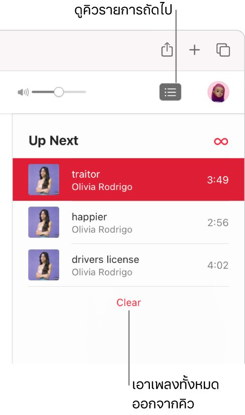 ปุ่มรายการถัดไปที่มุมขวาบนสุดของ Apple Music ถูกเลือกอยู่ และคิวก็แสดงให้เห็น คลิกลิงก์ล้างที่ด้านล่างสุดของรายการเพื่อเอาเพลงทั้งหมดออกจากคิว