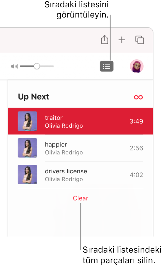 Apple Music’in sağ üst köşesindeki Sıradaki düğmesi seçili ve Sıradaki listesi görünür durumda. Listedeki parçaların tümünü silmek için listenin en altındaki Sil bağlantısını tıklayın.