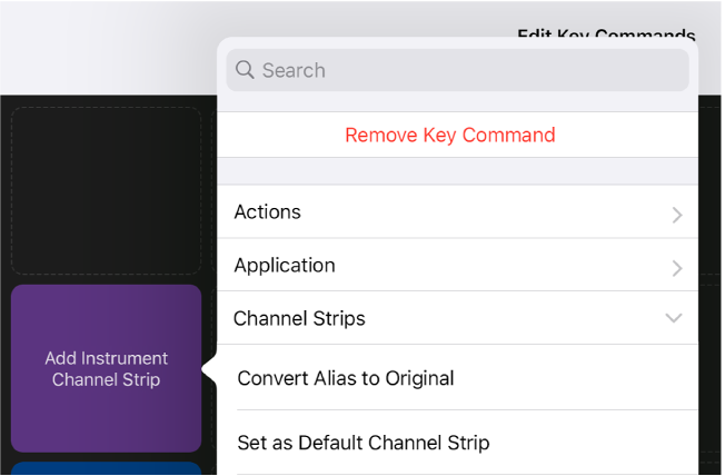 Figure. Key Commands pop-up menu.