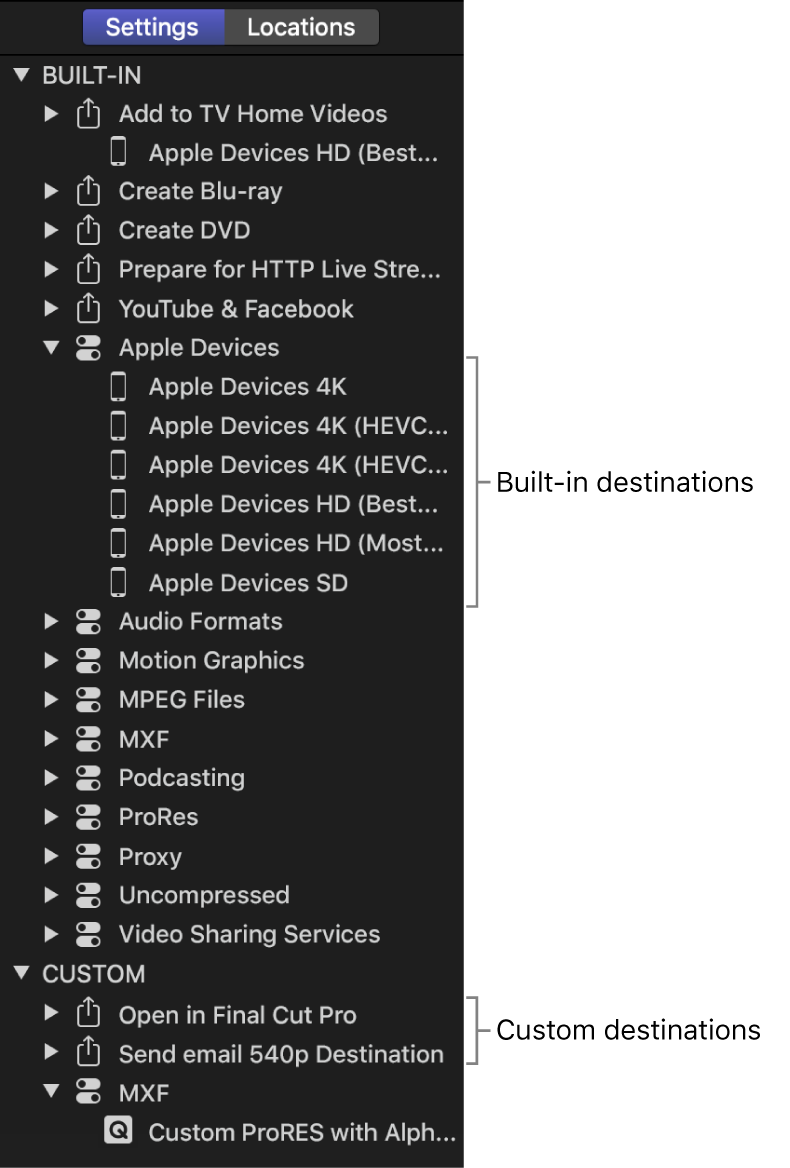Settings pane showing built-in and custom destinations.