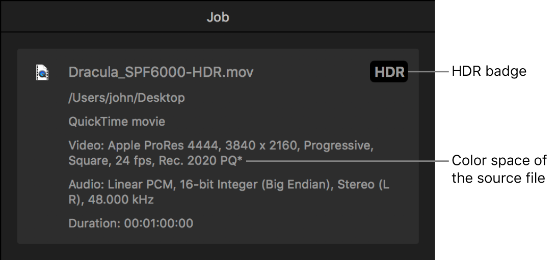 Job inspector showing HDR badge and color space of the source video file.