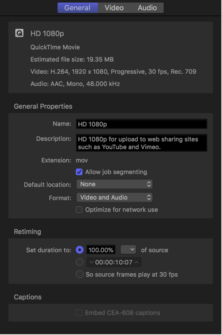 Inspector showing properties for HD 1080p setting