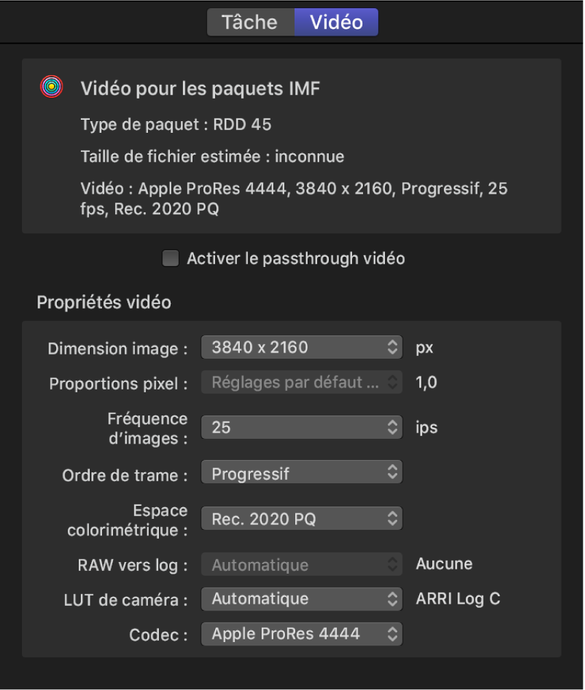 Vidéo propriétés dans l’inspecteur vidéo affichant le menu local de l’espace colorimétrique HDR, où vous pouvez définir l’espace colorimétrique du fichier en sortie.