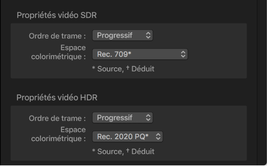 Inspecteur de tâche affichant des menus locaux Espace colorimétrique distincts pour la vidéo source SDR et pour la vidéo source HDR.