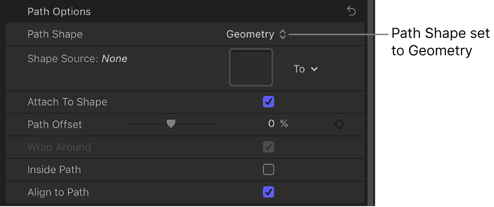 Path Shape pop-up menu set to Geometry in Layout pane of Text Inspector