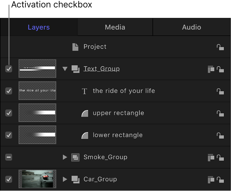 Layers list showing activation checkbox