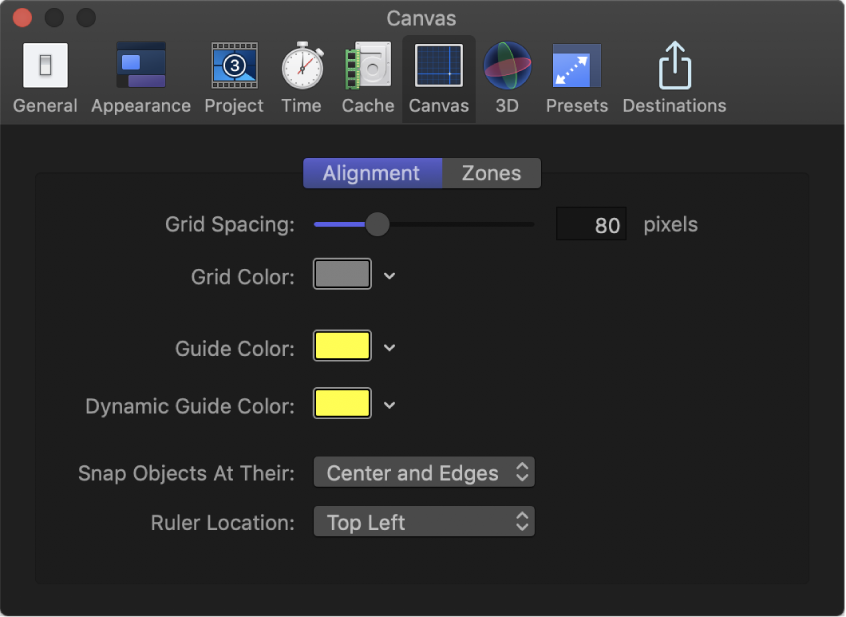 Motion Preferences window showing Canvas Alignment pane