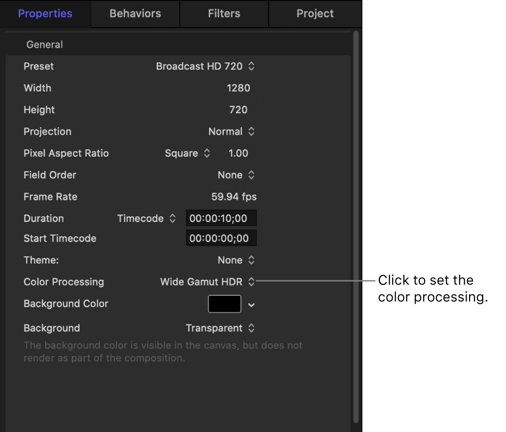 Project Properties Inspector showing Color Processing pop-up menu