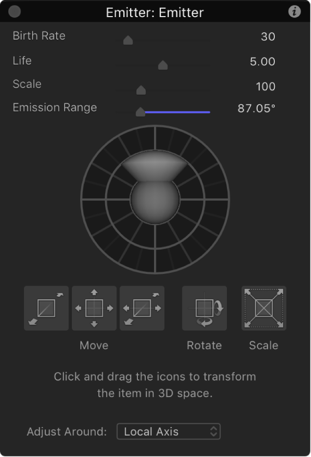 HUD showing emitter controls when Adjust 3D Transform tool is selected