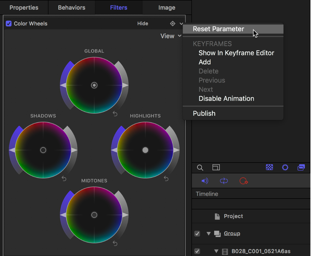 Color Wheels controls in the Filters Inspector showing the Animation pop-up menu