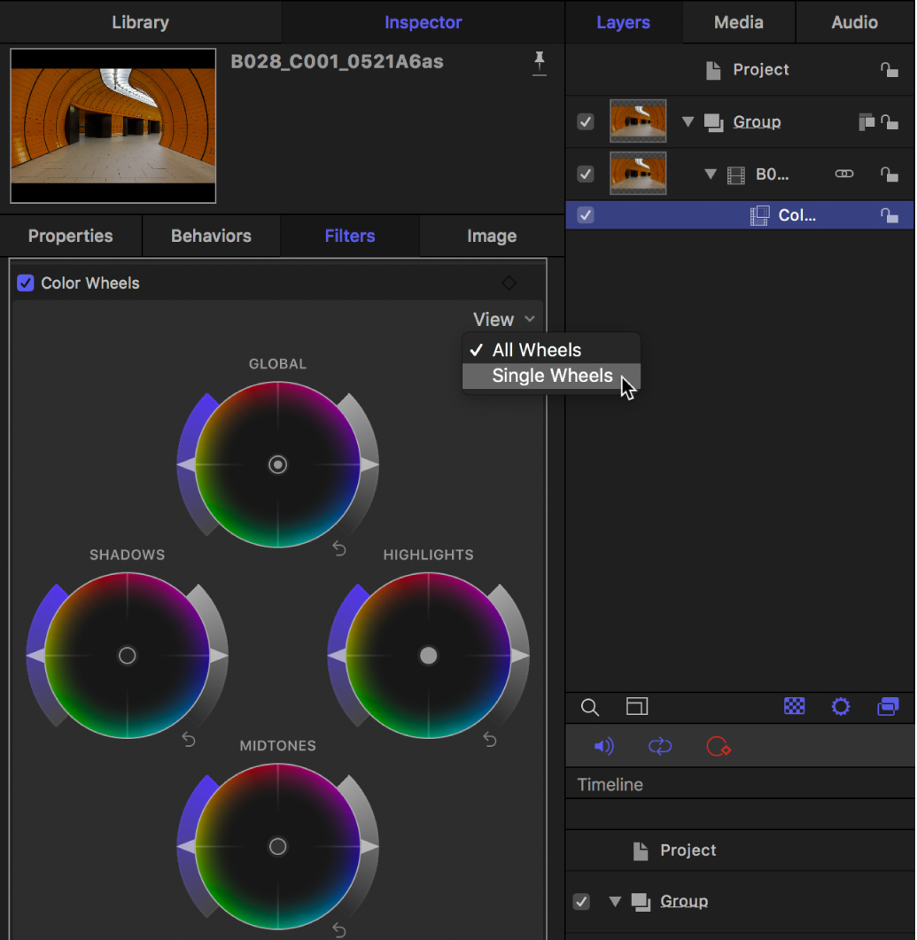 Color Wheels controls in the Filters Inspector showing the View pop-up menu