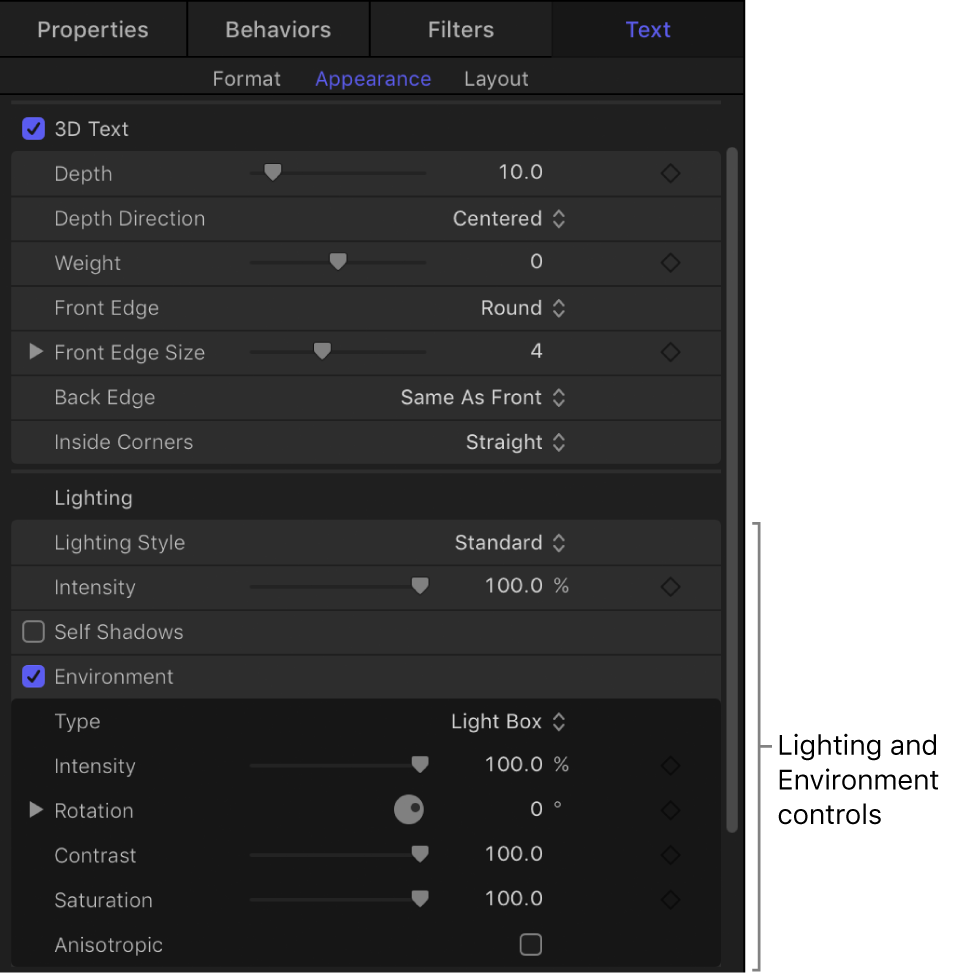Lighting controls in the Appearance pane of the Text Inspector