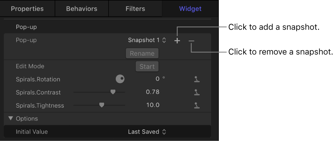Inspector showing buttons to add and remove snapshots