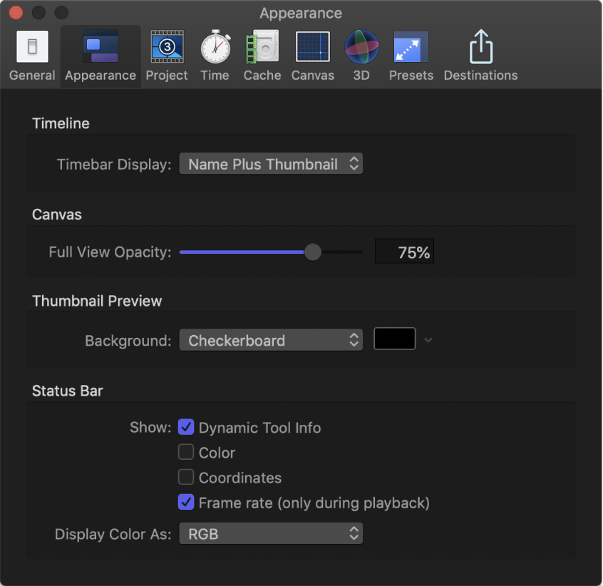 Motion Preferences window showing Appearance pane