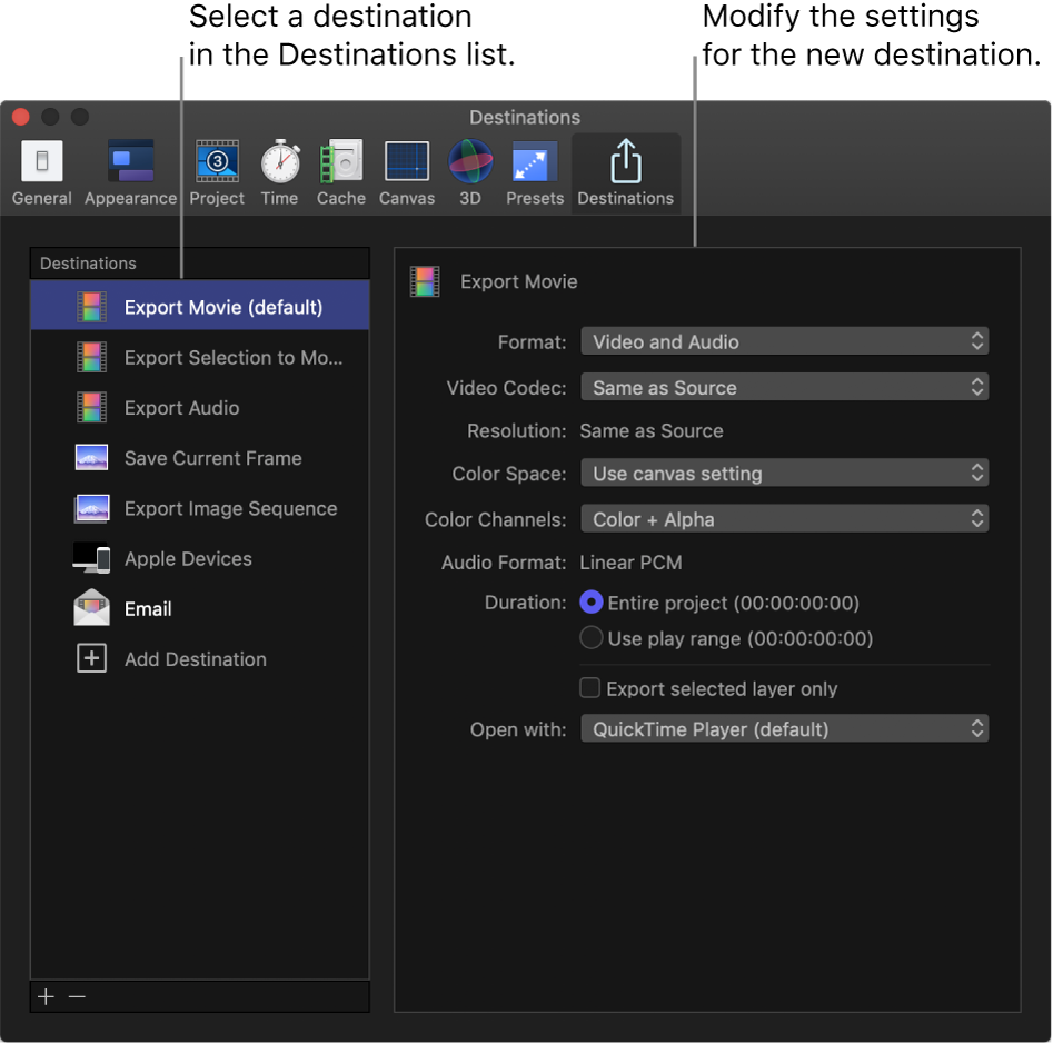Motion Preferences window showing Export Movie selected in the Destinations pane