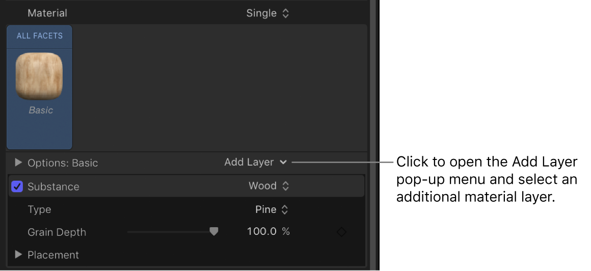 3D Text Inspector showing Material Add Layer pop-up menu
