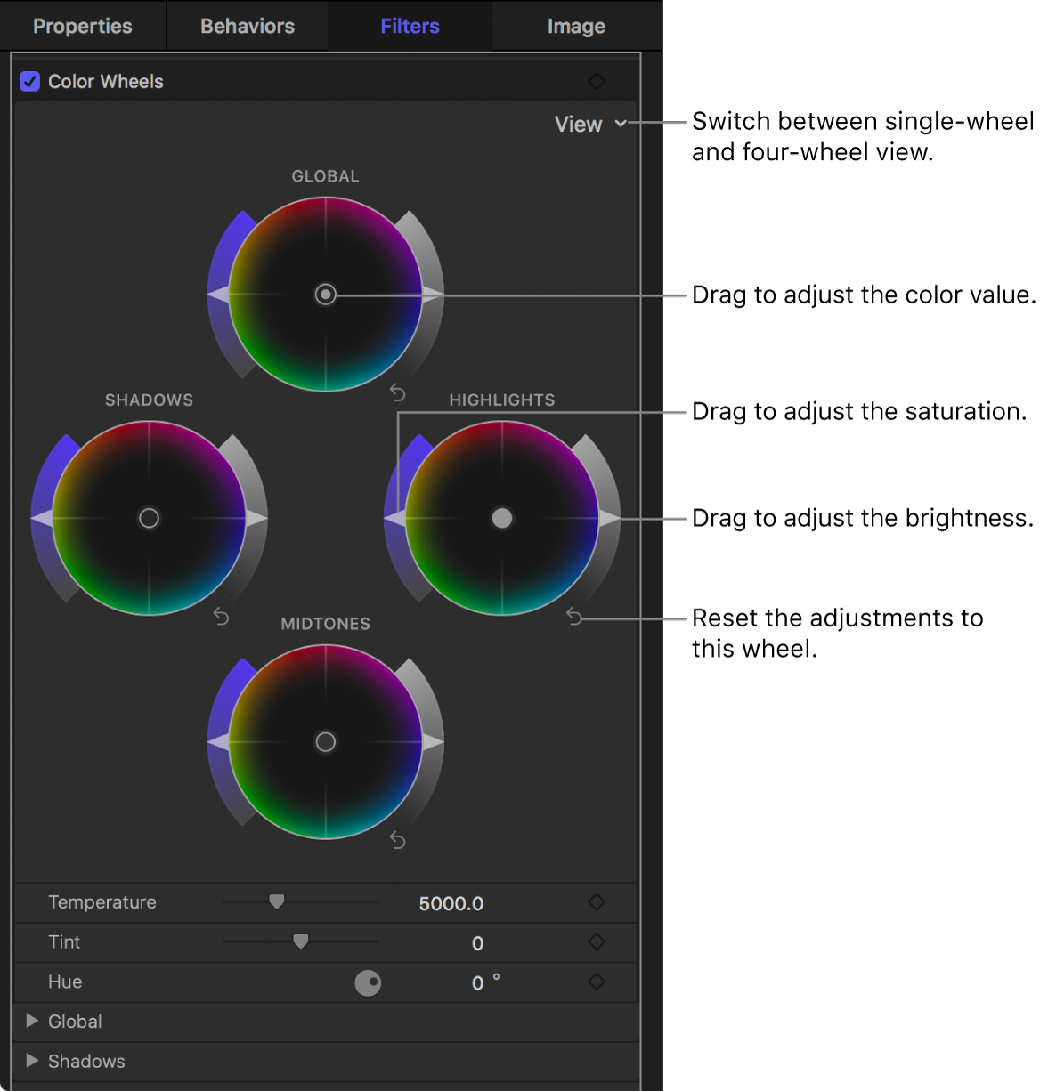 Color Wheels controls in the Filters Inspector