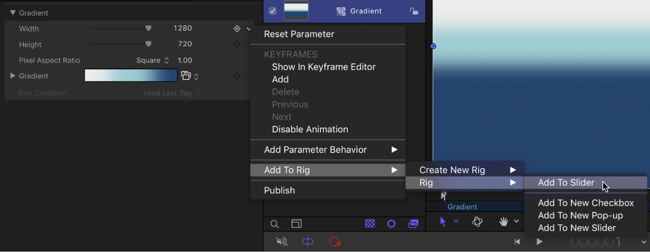 Inspector showing Animation menu with Add to Slider selected