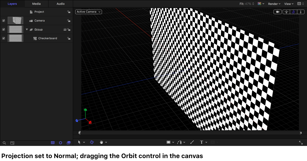 Canvas showing the camera orbiting a Checkerboard generator displayed in Normal projection