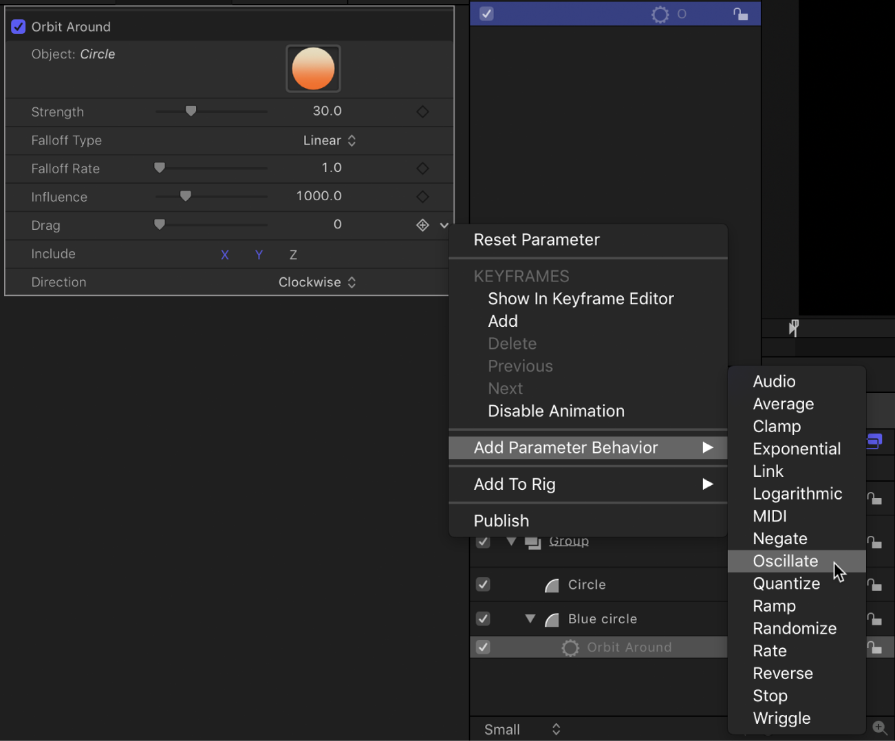 Add Parameter submenu in the Animation menu