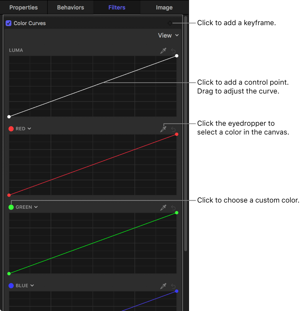 Color Curves controls in the Filters Inspector